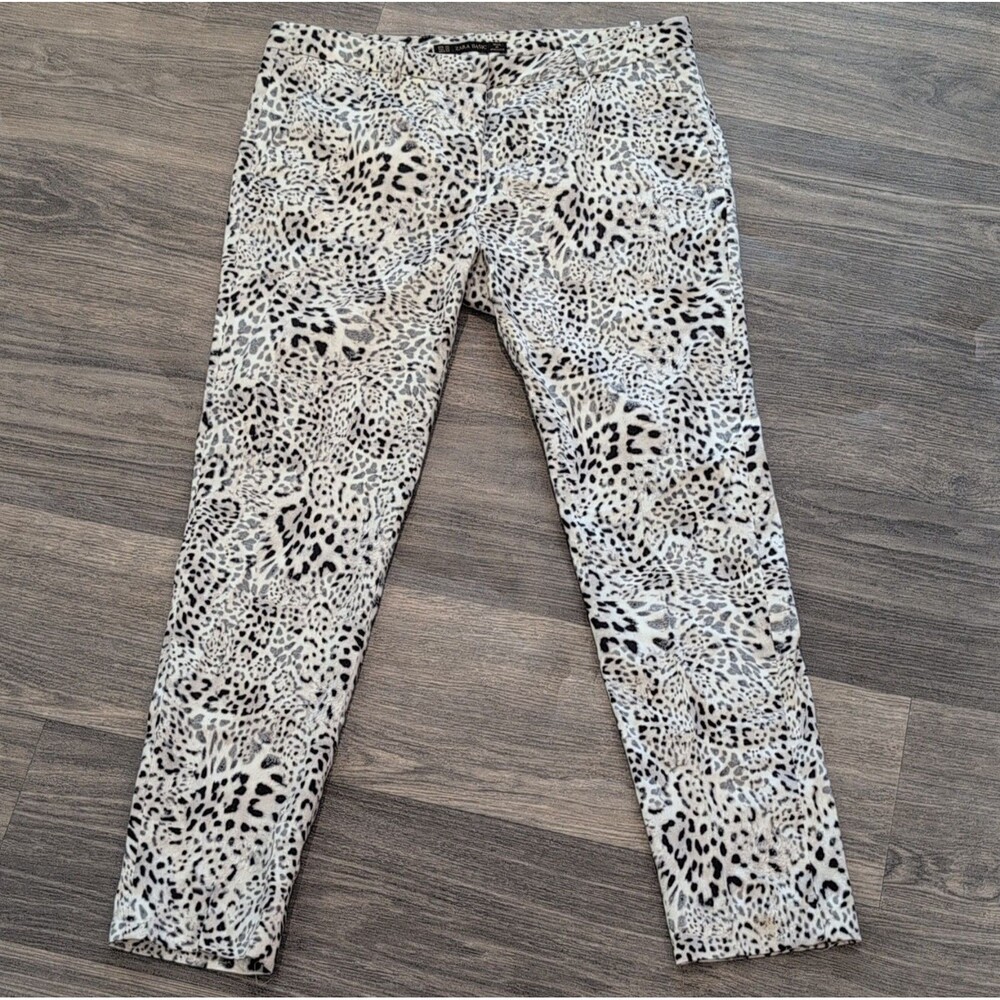 ZARA BASIC Women's Animal Print Ankle Skinny Pants White Black Pockets